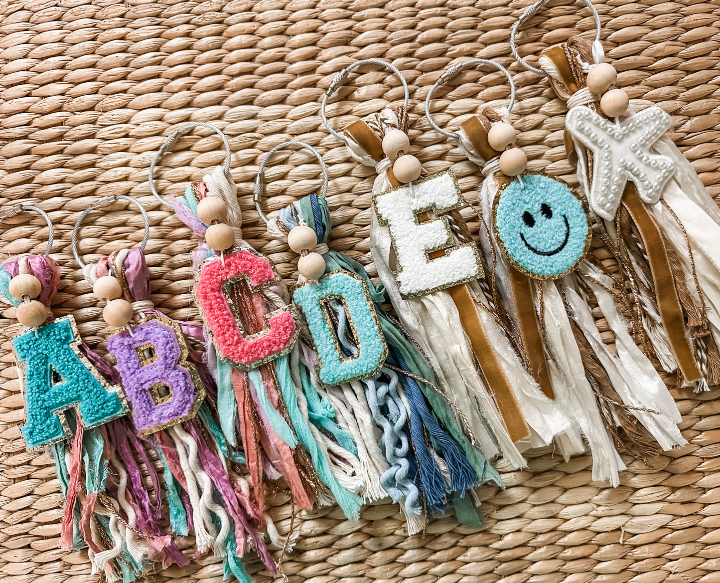 initial bag tassel pink/purple/teal